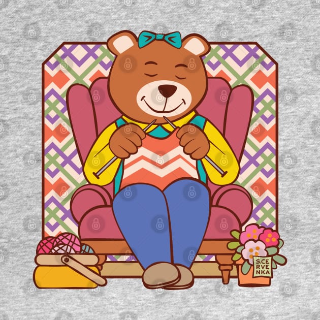 Bear Knitting in Chair by Sue Cervenka